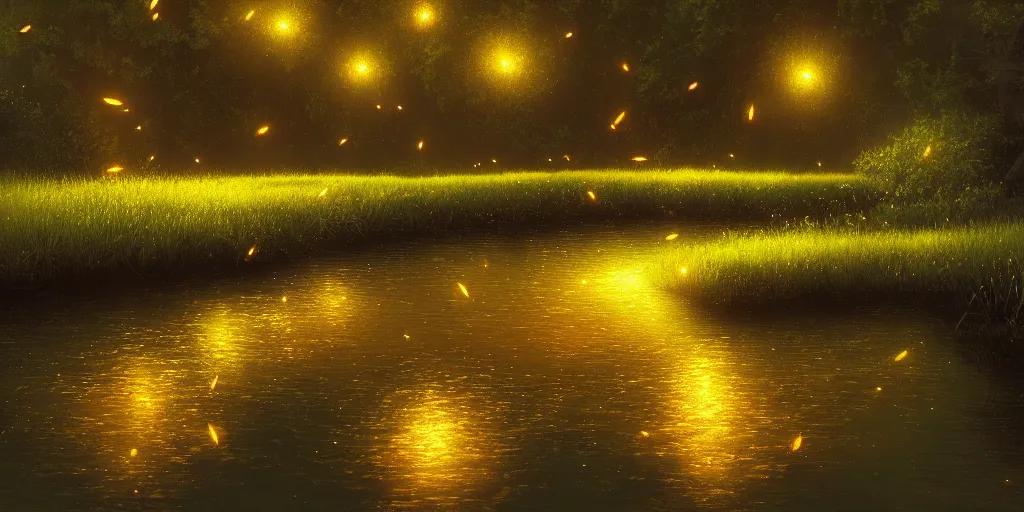 Image similar to fireflies around water inspired by Evgeny Lushpin,flower meadow,spring,cinematic,trending on ArtStation