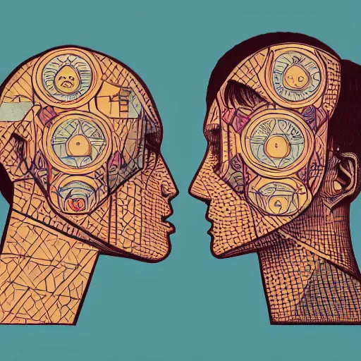 Prompt: perfectly centered geometrical symmetrical split male and female portrait of man and woman in love sharing one heart. illustration, highly detailed, simple, no jagged lines, smooth, artstation, artwork by ravi zupa