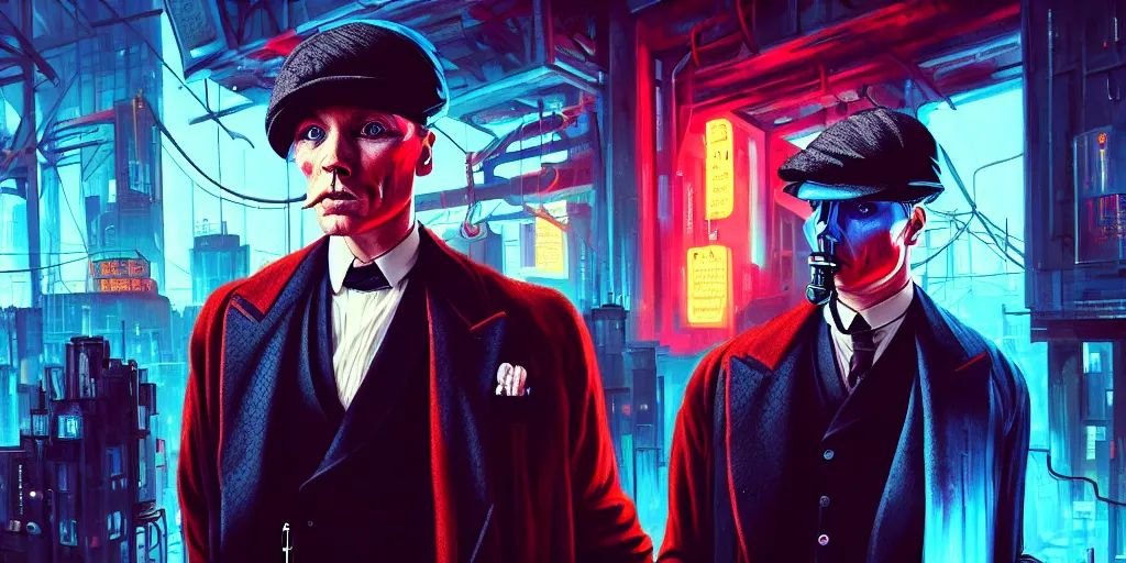 Image similar to Peaky Blinders, in Cyber Punk 2077, in a surreal cyberpunk! style, oil on canvas, 4K highly detailed face