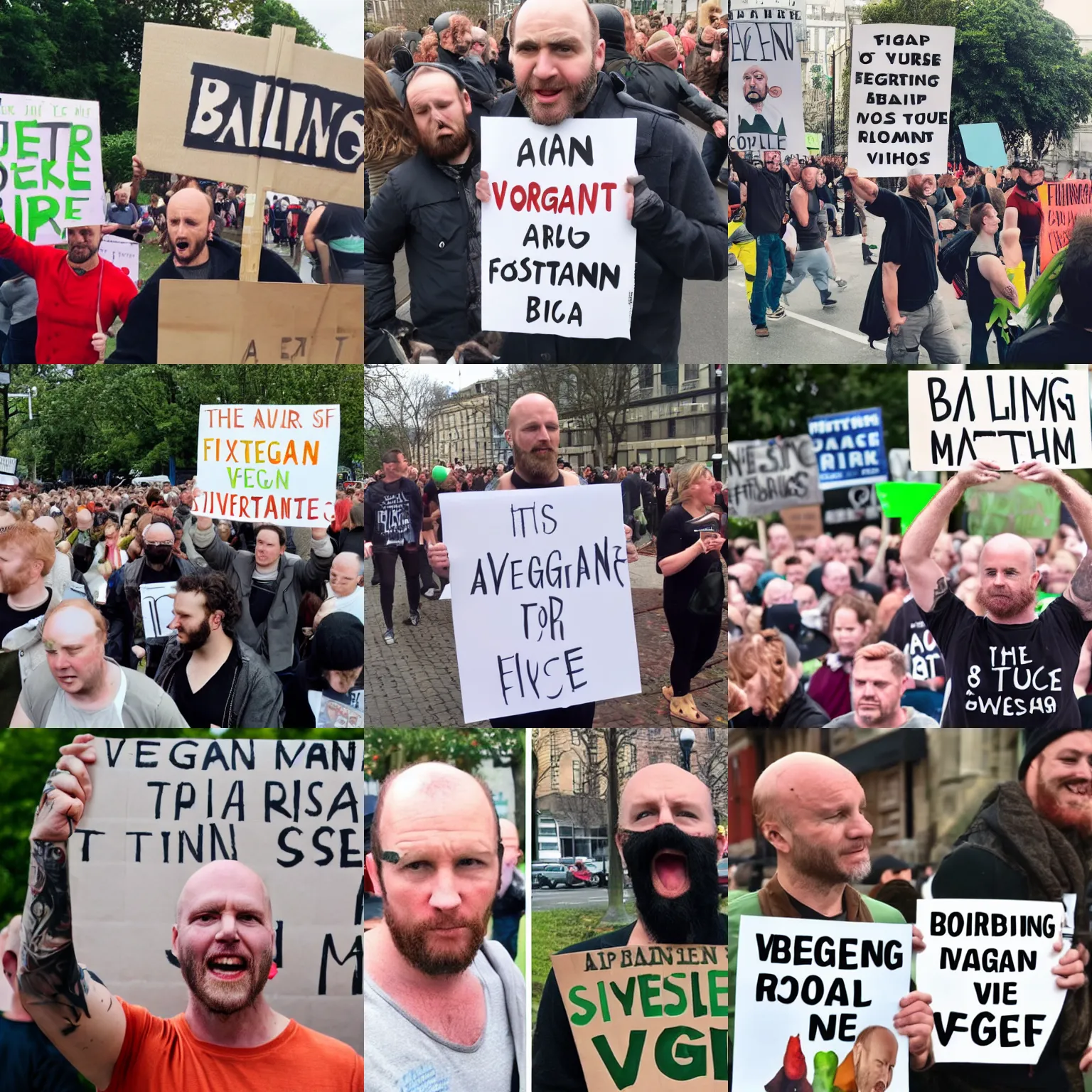 Prompt: balding vegan scotsman protest