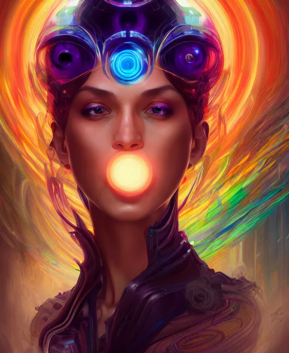 Image similar to a whirlwind of souls rushing inside the metaverse, half body, glowin eyes, tiara, pharaoh, android, cyborg, cyberpunk face, by loish, d & d, fantasy, intricate, elegant, highly detailed, colorful, vivid color, digital painting, artstation, concept art, art by artgerm and greg rutkowski and alphonse mucha