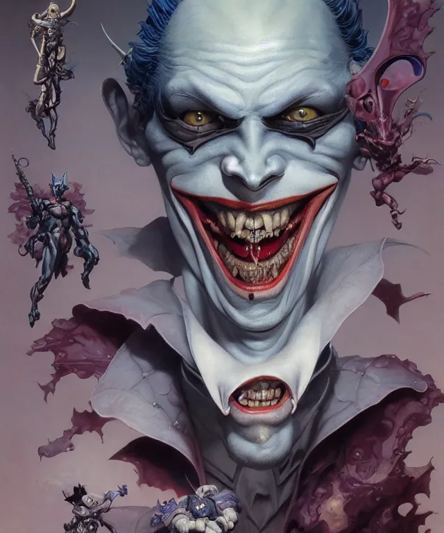 Image similar to beautiful evil fantasy baby joker portrait, ultra realistic, wide angle, intricate details, the fifth element artifacts, highly detailed by peter mohrbacher, hajime sorayama, wayne barlowe, boris vallejo, aaron horkey, gaston bussiere, craig mullins