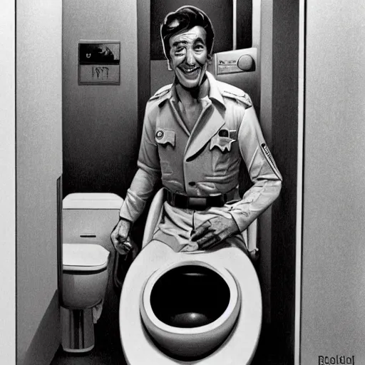 Prompt: Actor Randolph Mantooth is smiling as he climbs out of a toilet bowl by Ralph McQuarrie