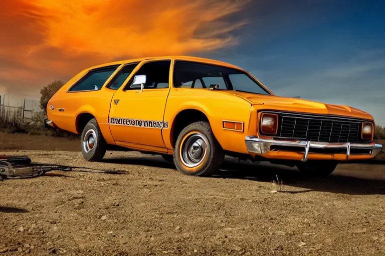 Image similar to 1 9 7 3 ford pinto stationwagon, yellow - orange color, wide - angle lens, dramatic lighting, cool marketing photo