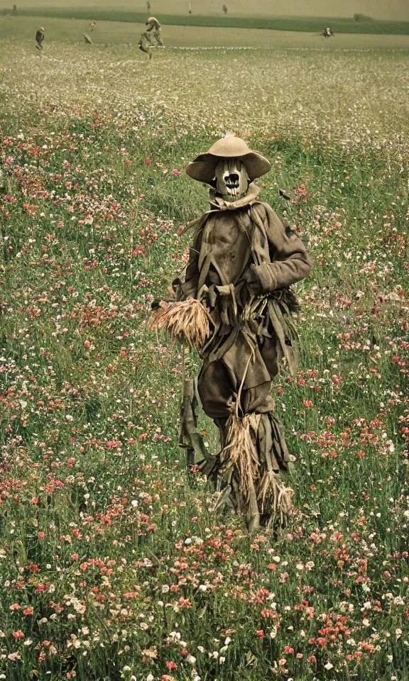 Image similar to scarecrow in beautiful meadow of flowers, ww1 photo, grainy, high detail, high resolution,