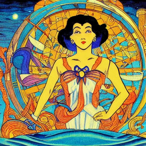 Prompt: the sailor moon. detailed painting by bilibin