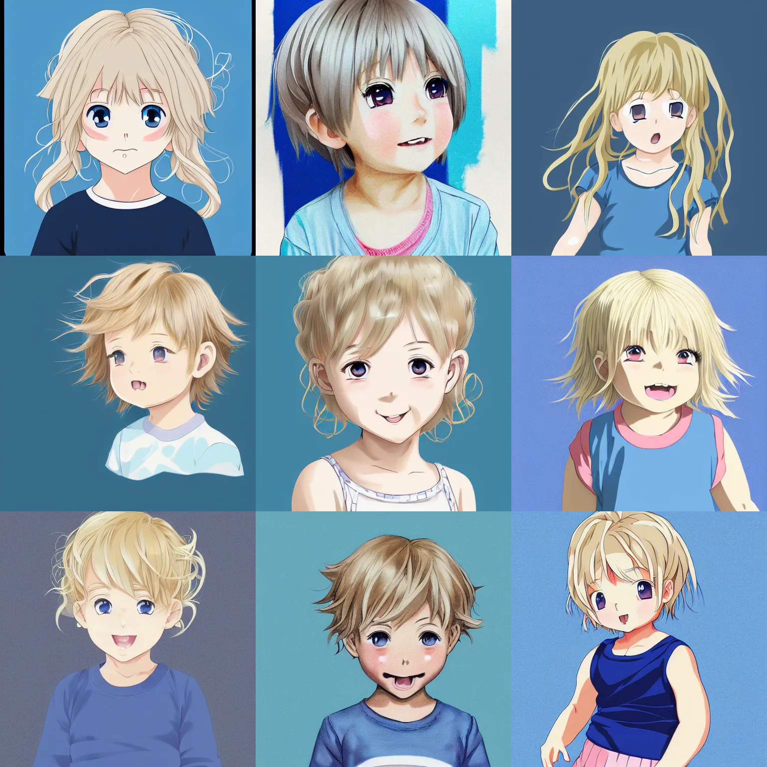 Image similar to A medium shot anime portrait of a little smiling anime girl child with thin curly light ash blonde short hair and light blue eyes, blue-eyed, chubby face, very young, toddler, baby, a few large curls, medium shot portrait, her whole head fits in the frame, solid color background, flat anime style shading, head shot, 2d digital drawing by Stanley Artgerm Lau, WLOP, Rossdraws, James Jean, Andrei Riabovitchev, Marc Simonetti, and Sakimi chan, trending on artstation