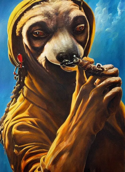 Prompt: ultra realistic portrait painting of snoop dogg as a sloth smoking a lit joint, art by frank frazetta, 4 k, ultra realistic, highly detailed, epic lighting