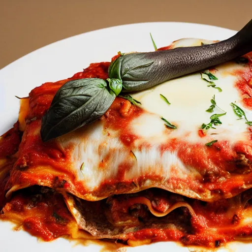 Prompt: studio photo of a platypus cooking a lasagna with three basil leaves over the lasagna