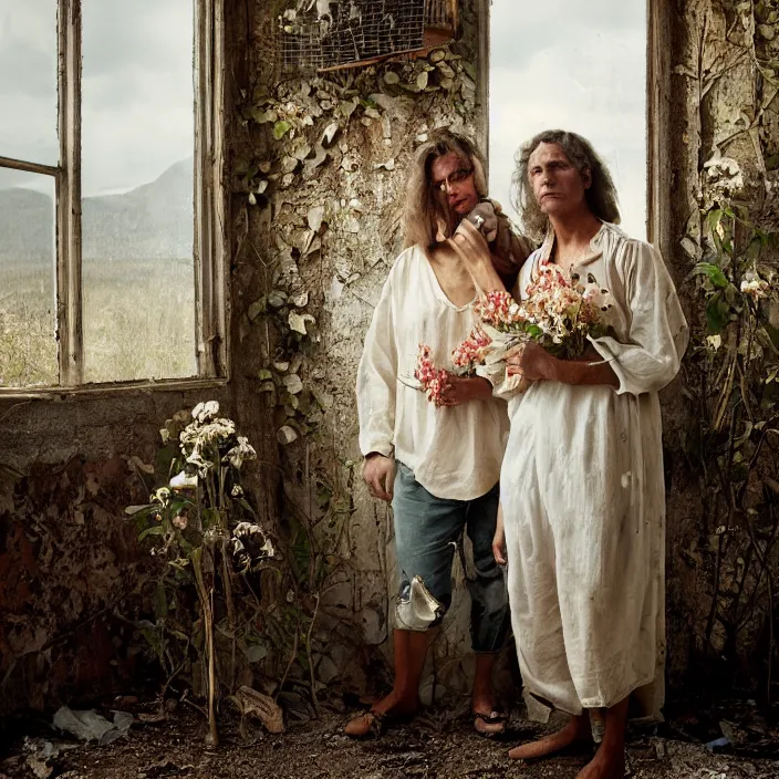 Image similar to closeup portrait of a couple eating flowers, in a desolate abandoned house overtaken by nature, by Annie Leibovitz and Steve McCurry, natural light, detailed face, CANON Eos C300, ƒ1.8, 35mm, 8K, medium-format print