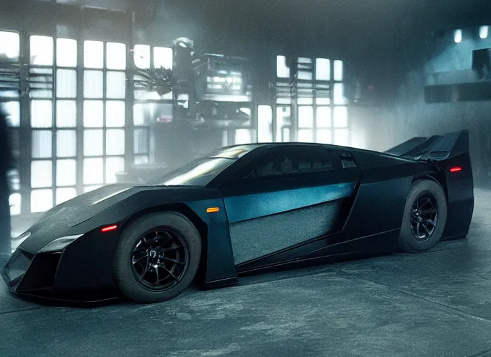 Image similar to Bladerunner 2049 scene front view sports car in small garage dark atmospheric volumetric lighting grungy moody dark cinematic Roger Deakins Cinematography futuristic cyberpunk car GTR NSX Audi R8 S14 Evo X Z06 ikuo maeda Newton Thomas Sigel bladerunner 2049 screen cap still