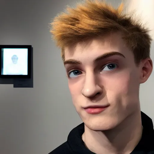 Image similar to a realistic detailed photo of a guy who is an attractive humanoid who is half robot and half humanoid, who is a male android, twitch streamer ninja tyler blevins, shiny skin, posing like a statue, blank stare, at the museum, on display