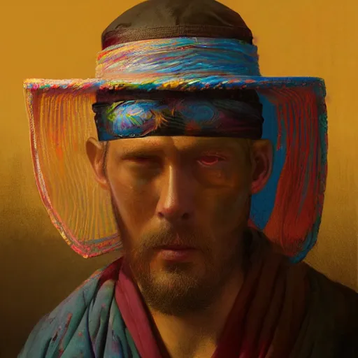 Prompt: portrait of a blindfolded man in multicolored robes, a large straw hat, detailed face, highly detailed, cinematic lighting, digital art painting by greg rutkowski