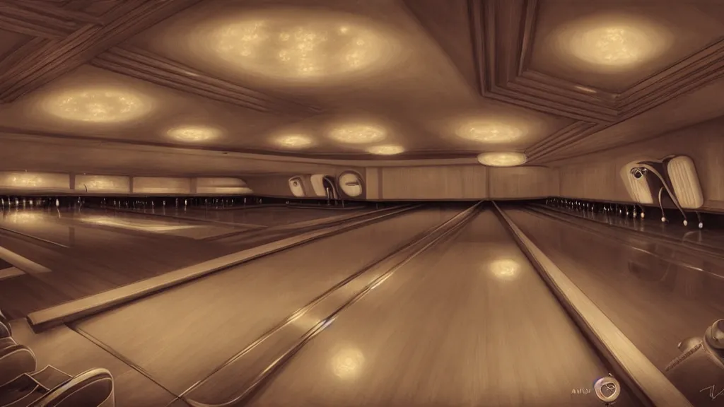 Prompt: art deco bowling alley, ultra detail, photoreal, soft moonlight lighting, realistic, wide angle, sharp focus, 8 k high definition, insanely detailed, intricate, elegant, art by artgerm and wlop