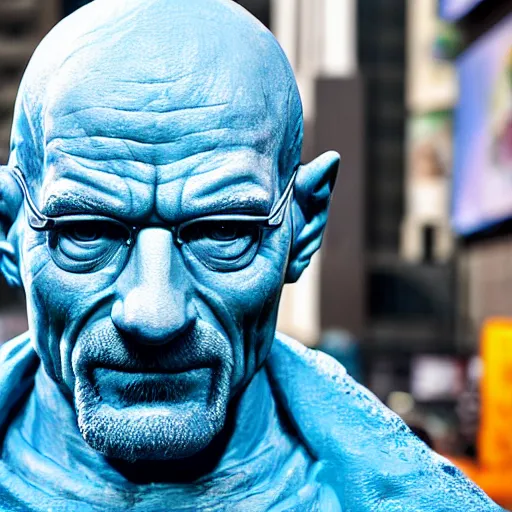 Image similar to a photograph of a very detailed renaissance sculpture of walter white as a smurf in times square, made by michelangelo, from the distance, hyper detailed, sharp focus, 8 k resolution, ray tracing