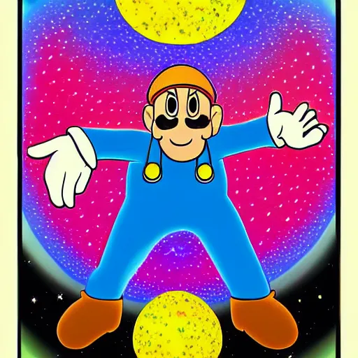 Prompt: a portrait of an alien cosmic psychedelic Super Mario waiting for you in deep space, by Gerald Blum