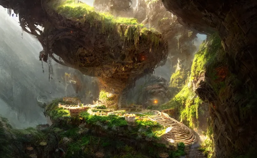 Image similar to worm's eye view of cylindrical living quarters carved inside a mountain, above lush garden and hot spring, well maintained, well lived, fantasy genre, natural light, fantasy, natural light, sharp focus, concept art, by greg rutkowski and craig mullins, cozy atmospheric and cinematic lighting, trending on artstation