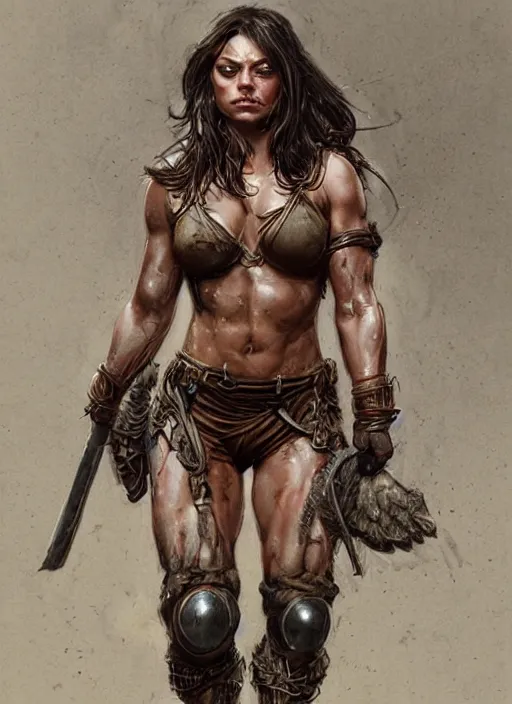 Image similar to exhausted Mila Kunis as a very muscled rugged looking Amazon, dirty, sweating, intricate, elegant, highly detailed, artstation, concept art, sharp focus, art by artgerm and donato giancola and Joseph Christian Leyendecker, WLOP