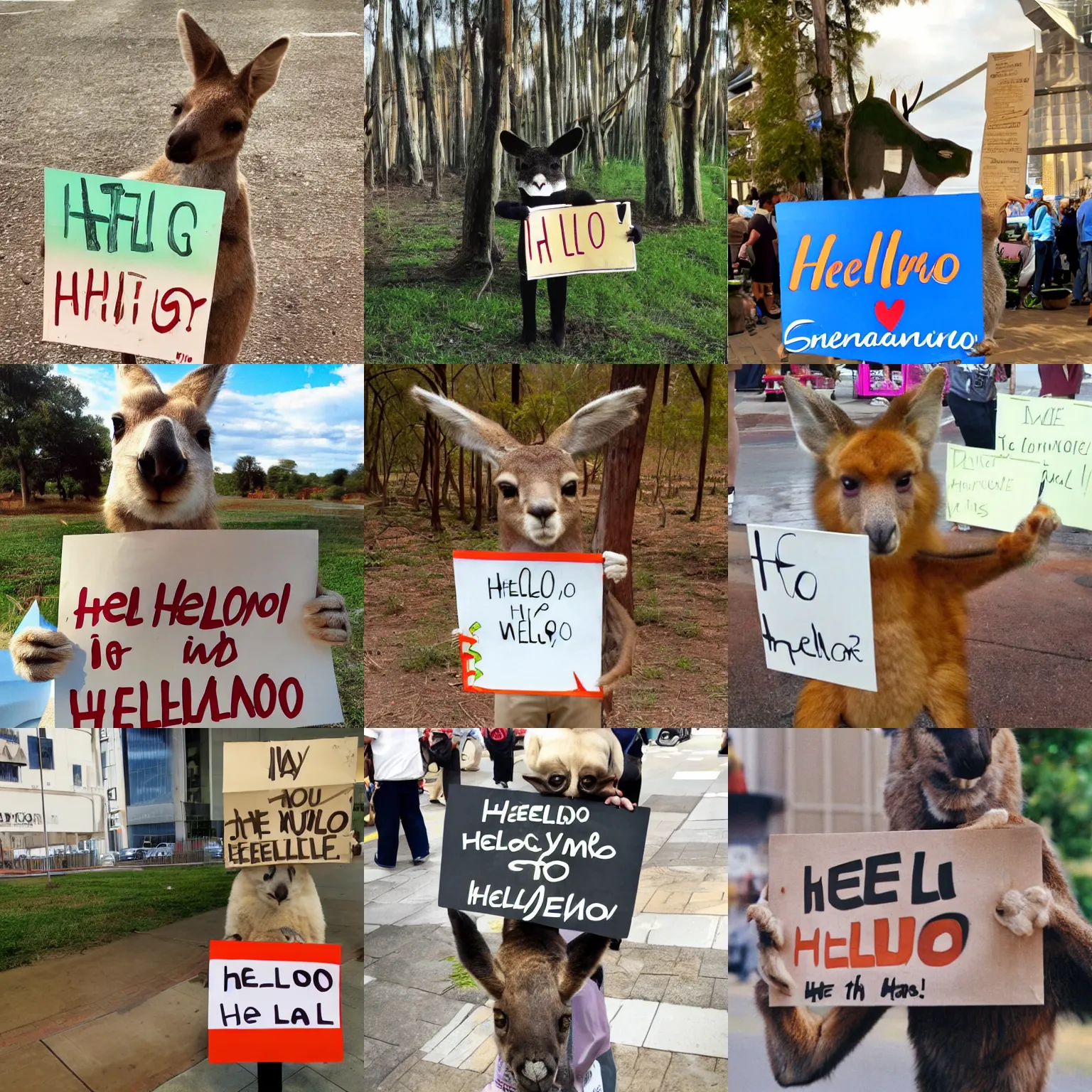 Image similar to <photo readable coherent>A kangaroo holding a sign that says Hello</photo>