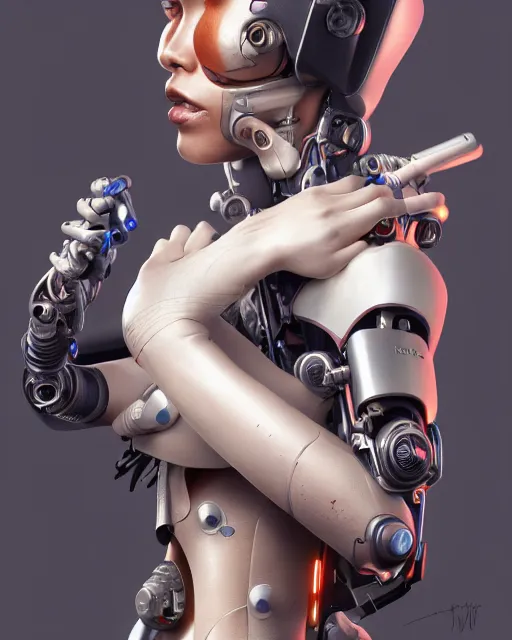 Image similar to beautiful digital painting of a stylish cyborg tokyo with high detail, real life skin, freckles, 8 k, stunning detail, works by artgerm, greg rutkowski and alphonse mucha, unreal engine 5, 4 k uhd