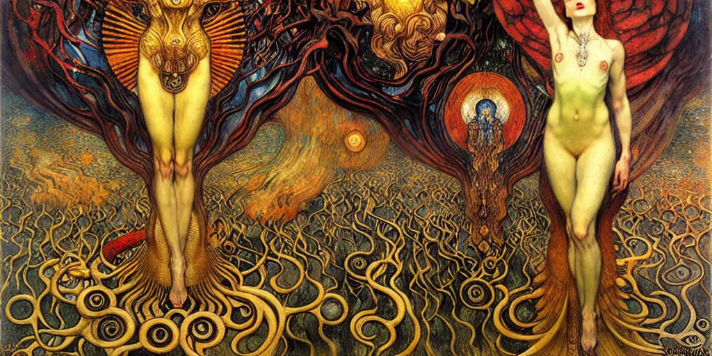 Image similar to Divine Chaos Engine by Karol Bak, Jean Delville, William Blake, Gustav Klimt, and Vincent Van Gogh, symbolist, visionary