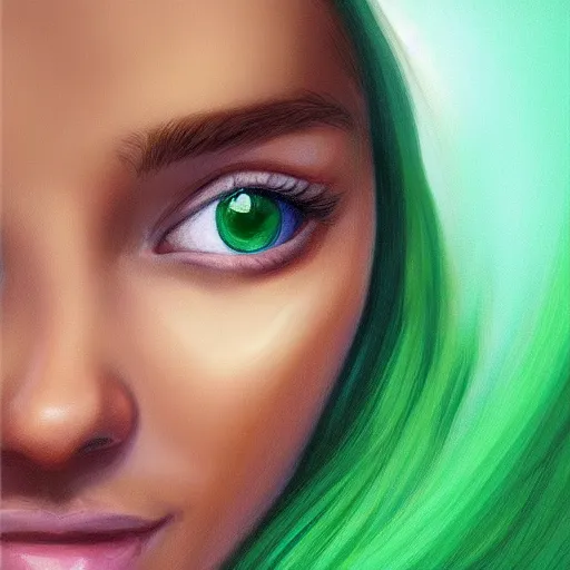 Image similar to a green haired teenager, blue eyes, brown skin, cheeky smile, deep focus, elegant, digital painting, smooth, sharp focus, golden ratio, illustration, ultra realistic, 8 k, art by artgerm and caravaggio