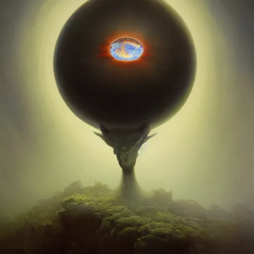 Image similar to beautiful realistic fantasy painting of an orb with a face , by pascal blanche and Frazetta and Beksinski, volumetric lighting, trending on art station, polarizer filter