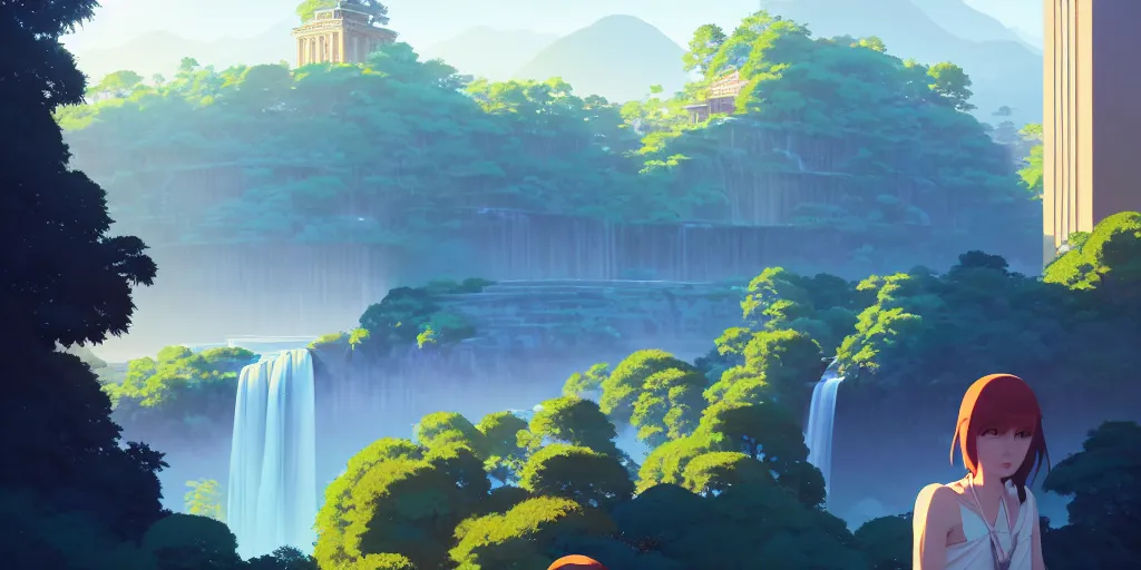 Prompt: evergreen valley, several waterfalls, ancient city, tall marble buildings, landscape, global illumination, morning light, radiant light, bird's eye view, by makoto shinkai and lois van baarle, ilya kuvshinov, rossdraws, tom bagshaw,