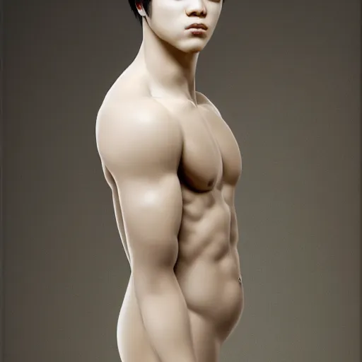 Image similar to wide angle full body portrait of Park Jimin of BTS as Antinous, dramatic photography, dramatic facial expression, tears, hand on his cheek, soft skin, soft blush, intricate, ethereal, highly detailed, high resolution, 8K resolution, sharp focus, Unreal engine 5, smooth, ectomorph, curvy body type, wearing a chiton, feminine facial features, greek pattern background, art by J. C. Leyendecker