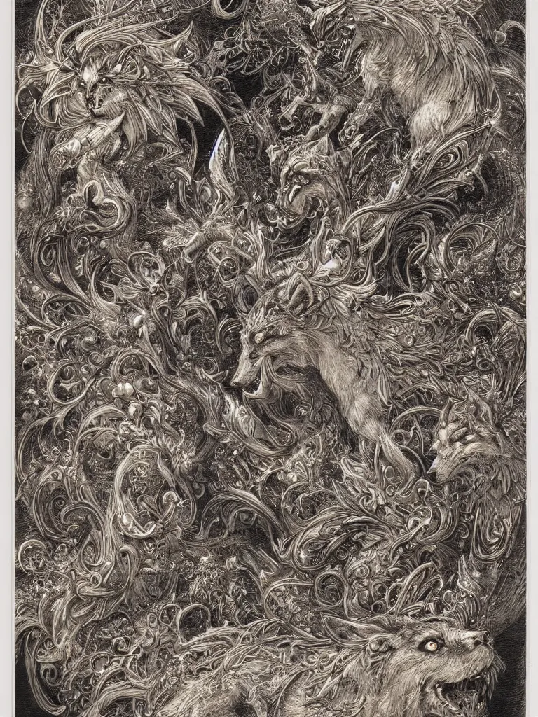 Prompt: highly detailed etching of beautiful decorative ornament with spirit wolves, decorative design, classical ornament, bilateral symmetry, symmetrical, hajime sorayama aaron horkey, gaston bussiere, craig mullins