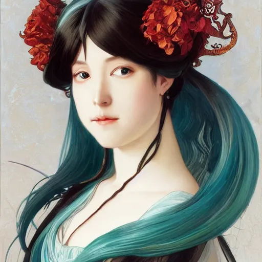 Prompt: a beautiful portrait of hatsune miku with long black and deep red colored hair dressed as a 1 6 th century european noblewoman, intricate, elegant, highly detailed, digital painting, artstation, concept art, matte, sharp focus, illustration, art by greg rutkowski and alphonse mucha