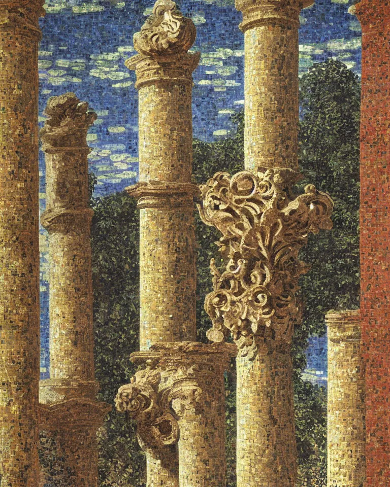 Image similar to achingly beautiful painting of intricate ancient roman corinthian capital on glowing mosaic background by rene magritte, monet, and turner. giovanni battista piranesi.