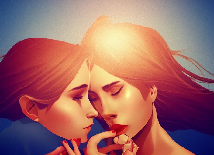 Image similar to woman love woman, sweet hugs, gold trim, atmoshperic, elegant, sharp focus, sand sea, red sun, huge lips, by nixeu, artstation, intricate details