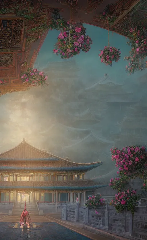 Image similar to vanishing point, palace covered with aqua blue roses like the forbidden city in distance at the red rose royal manor, viewed from afar, stephen bliss, misty, unreal engine, fantasy art by greg rutkowski, loish, ferdinand knab, and lois van rossdraws,, global illumination, radiant light, minimalist, detailed and intricate environment