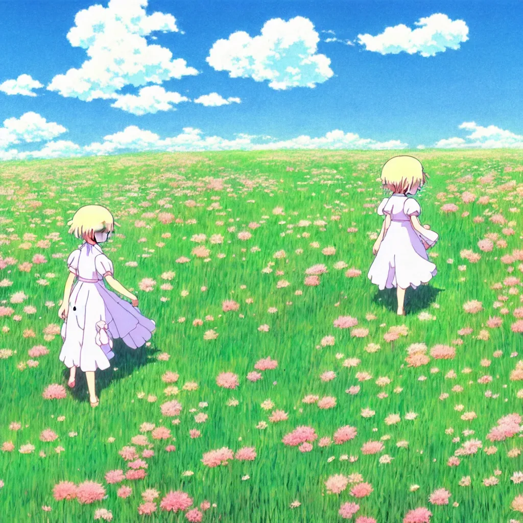 Image similar to little girl in princess dress, walking through a field of flowers, puffy clouds, beautiful, summer, calm, studio ghibli, art by hayao miyazaki, makoto shinkai