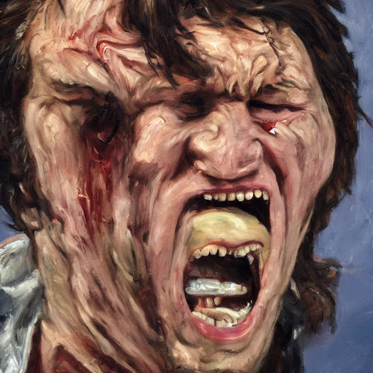 Prompt: warmly lit close up studio portrait of young angry!! screaming John Lennon age 23 furious!, impasto oil painting thick brushstrokes by Lucian Freud and Cy Twombly and Tim Hawkinson , trending on artstation dramatic lighting Expressionism