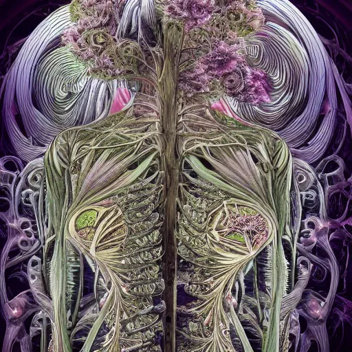 Image similar to a beautiful detailed photo of a full body rotten woman corpse morphing into fractal plants and fractal flowers and mushrooms, muscles, veins, anatomical, intricate, ornate, volumetric light, beautiful lit, beetlejuice