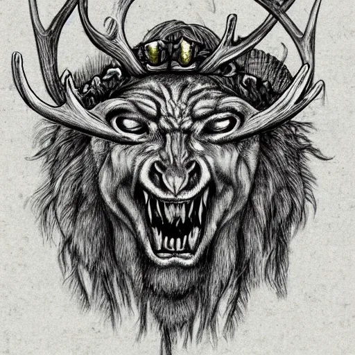 Prompt: a detailed portrait for a druid with fangs and a crown made of antlers surrounded by forest animals