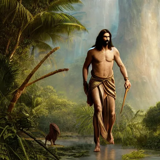 Image similar to a detailed matte painting of a ridiculously good looking jesus who is exploring the prehistoric jungle with his pet velociraptor, elegant ancient greek dress, jungle as the background, very detailed, beautiful, intricate, art by greg rutkowski and robert e howard, octane render