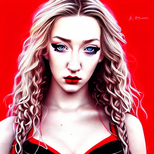 Prompt: a realistic illustration portrait of a beautiful kendra sunderland with curly black and red hair, black eyeliner, trending on artstation, hyper - realistic lighting, intricate, ross tran