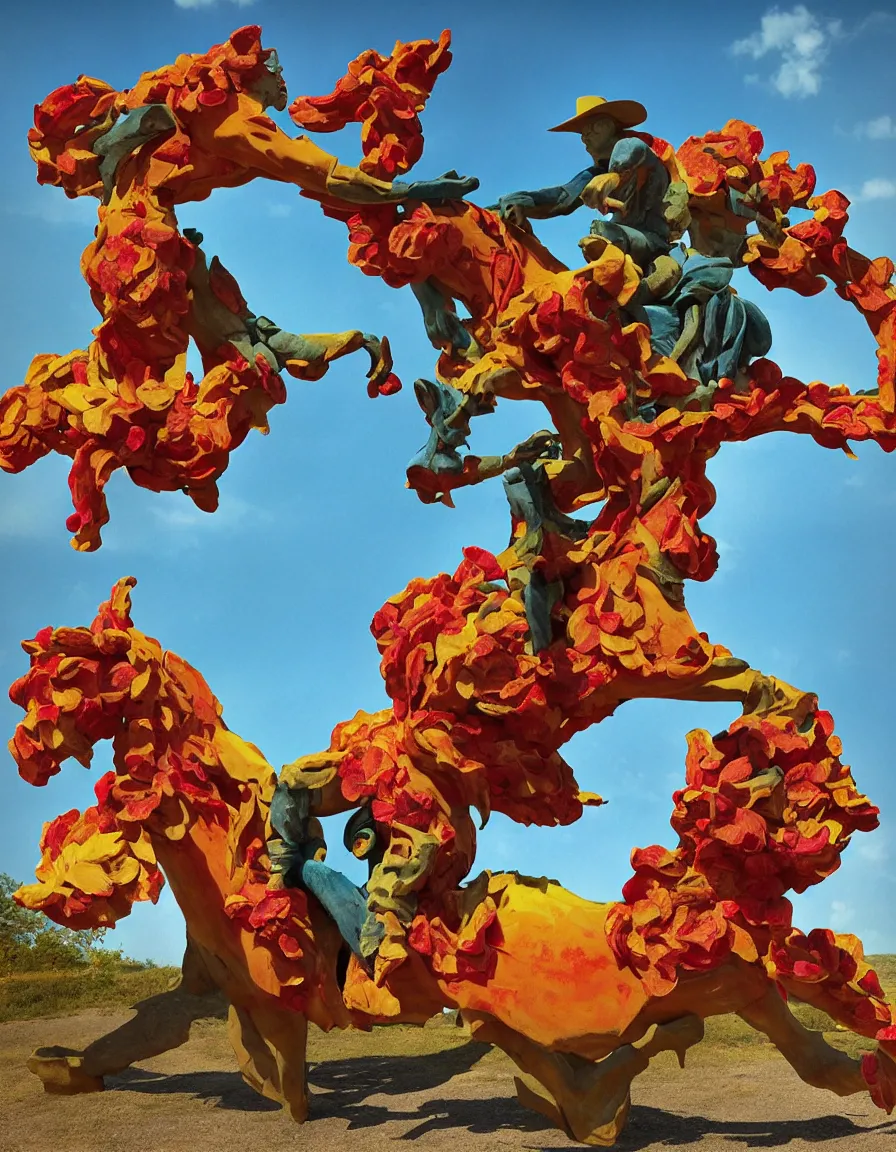 Image similar to a cowboy turning into blooms by slim aarons, by zhang kechun, by lynda benglis, by frank frazetta. tropical sea slugs, angular sharp tractor tires. bold complementary vivid colors. warm soft volumetric light. 8 k, 3 d render in octane. a manly cowboy riding wild flowers sculpture by antonio canova.