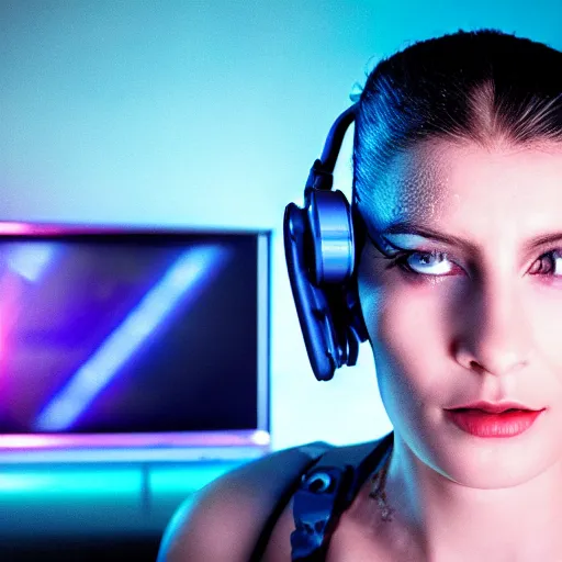 Image similar to a cyberpunk woman wearing a TV as a mask