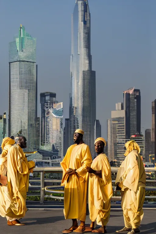 Image similar to nigerian men with white robes and golden angels wings in front of a city skyline