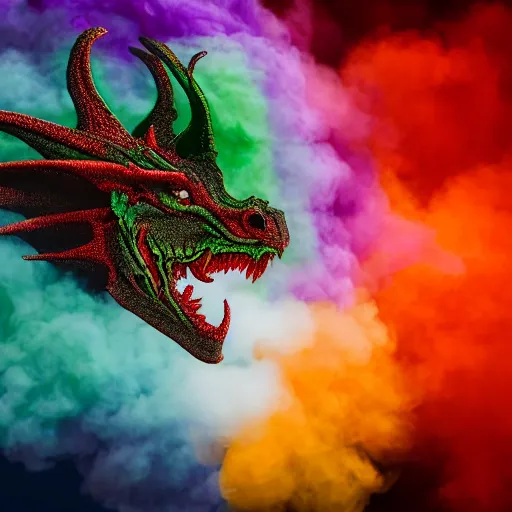 Image similar to multi color smoke with the small head of a dragon, billowy, 8 k, 4 k