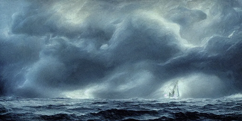Prompt: A highly detailed matte painting of a massive brightly glowing sea devil rising from a stormy sea in a storm at night, style of alan lee and john howe