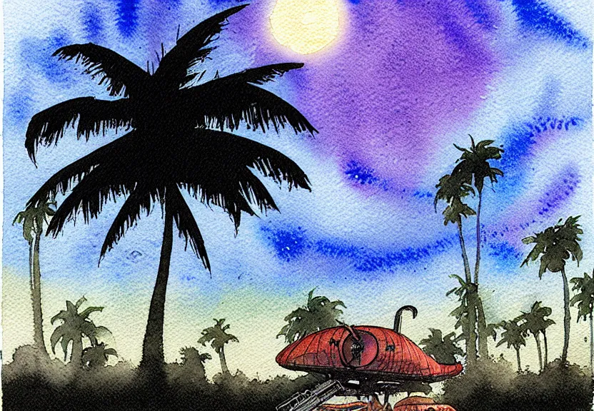 Image similar to a simple watercolor fantasy concept art of a dark grey boxy ufo from independence day ( 1 9 9 6 ) next to a palm tree at night. by studio ghibli, rebecca guay, michael kaluta, charles vess