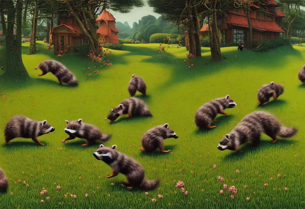 Prompt: hyper detailed 3d render like a Oil painting - playful raccoons frolic in a peaceful lush meadow, by Jacek Yerka, Mariusz Lewandowski, Houdini algorithmic generative render, Abstract brush strokes, Masterpiece, Edward Hopper and James Gilleard, Zdzislaw Beksinski, Mark Ryden, Wolfgang Lettl, hints of Yayoi Kasuma, octane render, 8k