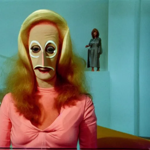 Image similar to 1974 woman on a television show with a long prosthetic snout nose, big nostrils, wearing a dress, 1974 French film color archival footage technicolor film expired film 16mm Fellini new wave John Waters Russ Meyer movie still