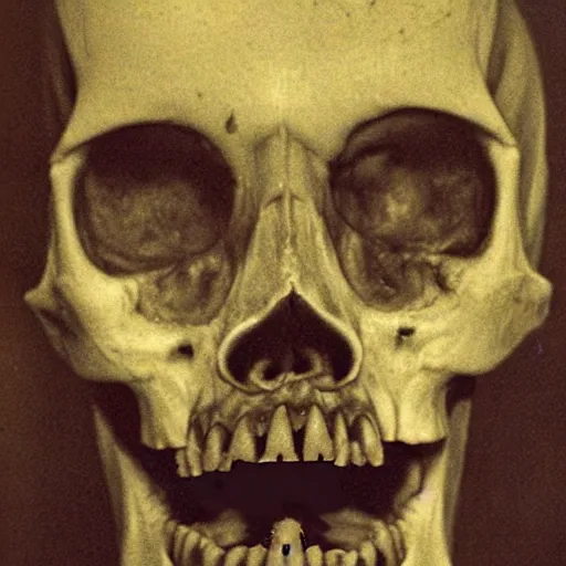 Image similar to crooked teeth, black eyes, gaping mouth, skeleton like, alien looking, skull like, big forehead, horrifying, killer, creepy, dead, monster, tall, skinny, open mouth, deathly, old photo, turning yellow