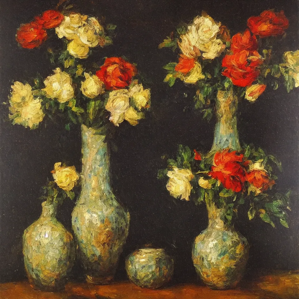 Prompt: beautiful large empty vase in a dark room with light catching on it’s shiny polished surface, no flowers,painted in the style of the old masters, painterly, thick heavy impasto, expressive impressionist style, painted with a palette knife